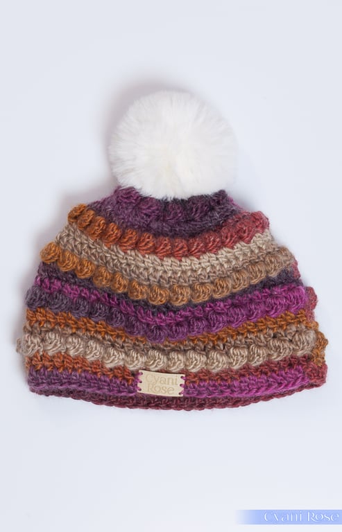 Hat-hand made crochet with faux fur detachable pompom Autumn colours