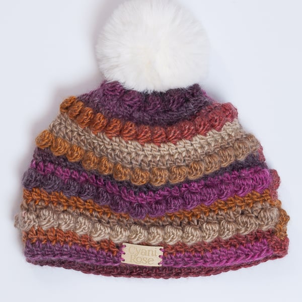 Hat-hand made crochet with faux fur detachable pompom Autumn colours
