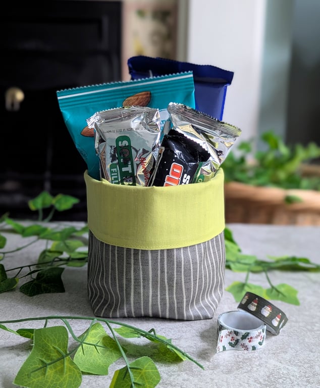 Grey and Lime Oilcloth storage Pot or Gift Hamper Basket