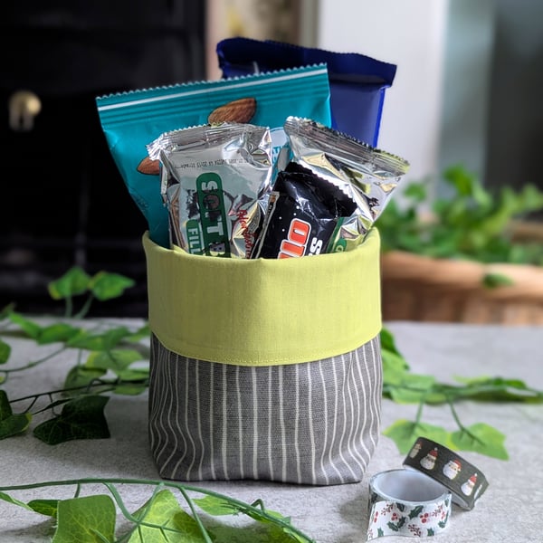 Grey and Lime Oilcloth storage Pot or Gift Hamper Basket