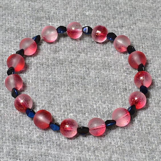 Frosted-Red-Gold Glass Bead and Blue Pinch Bead Elastic Bracelet