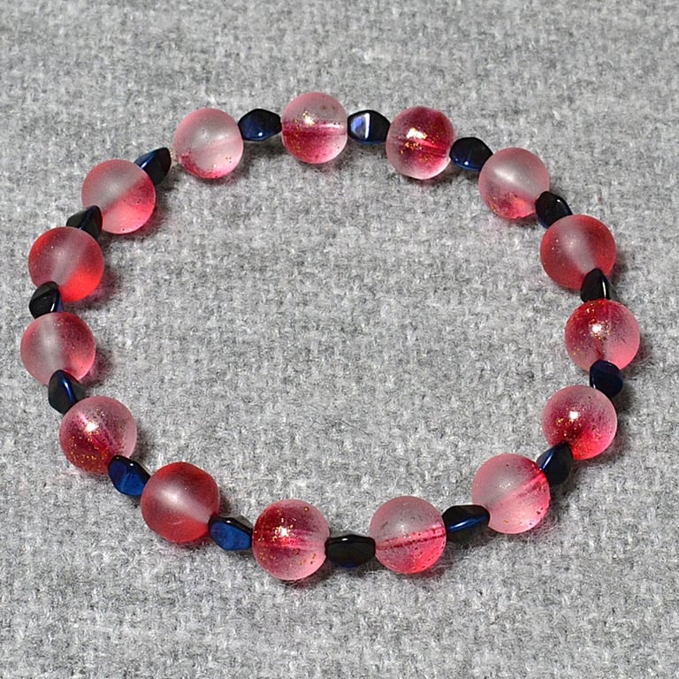 Frosted-Red-Gold Glass Bead and Blue Pinch Bead Elastic Bracelet