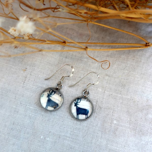 Deer Earrings with Art Print, Music Lyre Earrings, Christmas Accessory