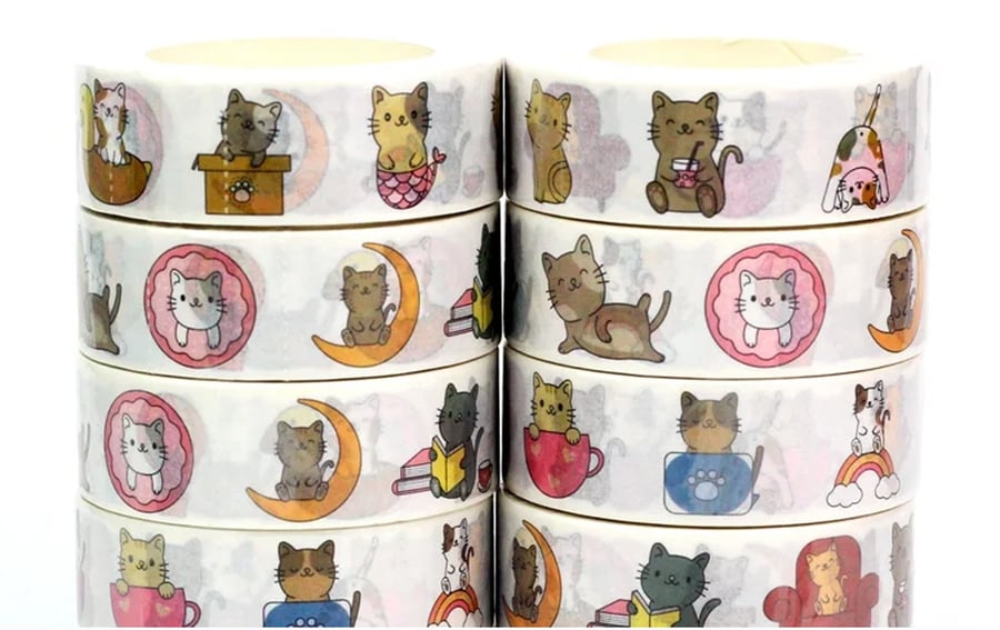 2 x Kawaii Kitty Cat pattern, Cute kittens doing jobs, Washi Tape,10m