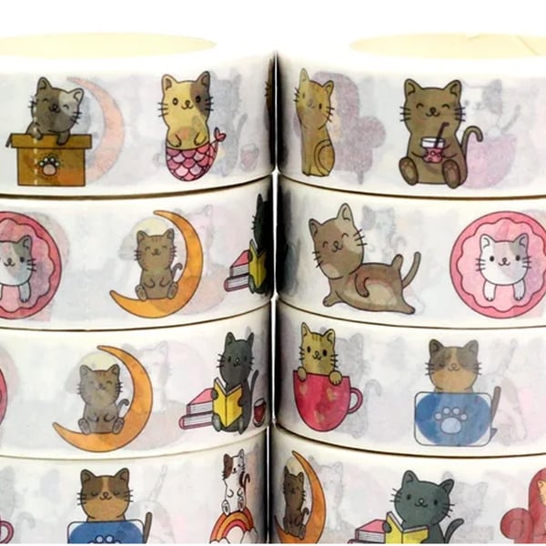 2 x Kawaii Kitty Cat pattern, Cute kittens doing jobs, Washi Tape,10m