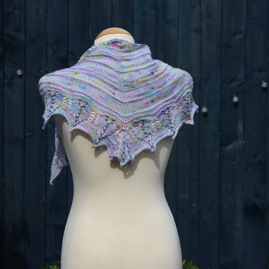 Hand knit beaded lace edged scarf shawl in blue and rainbow yarn - design F213