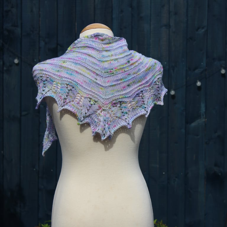 Hand knit beaded lace edged scarf shawl in blue and rainbow yarn - design F213
