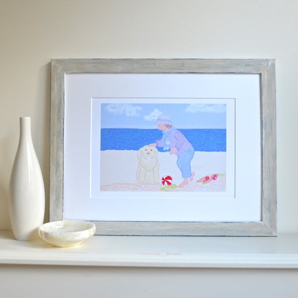 Good boy! picture - dog and child on beach giclee print