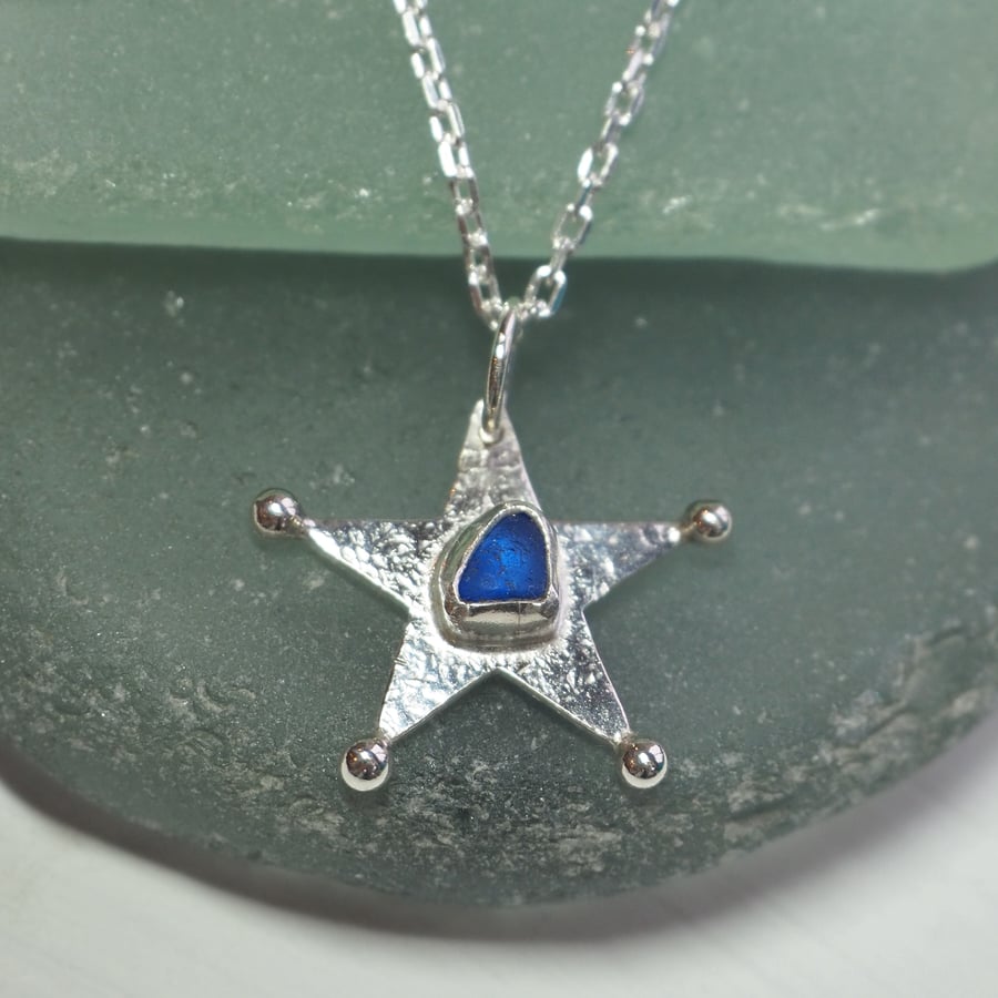 Silver, Pendant Necklace Blue Sea Glass Star, Sterling Silver