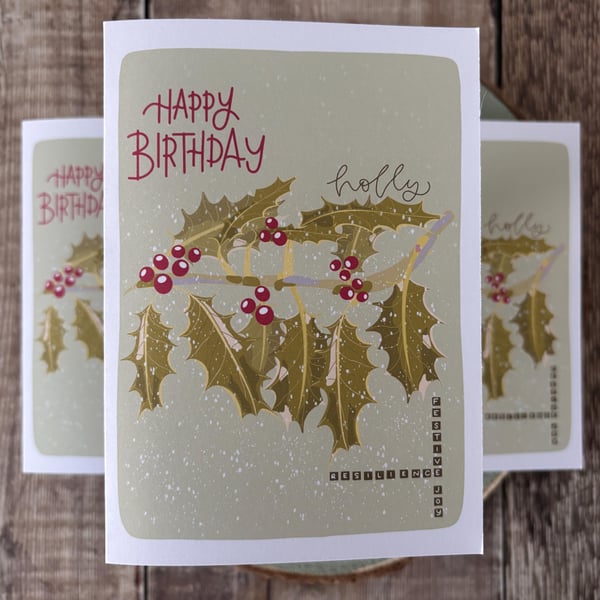 Holly Birthday Card: December Birth Flower, Winter Nature