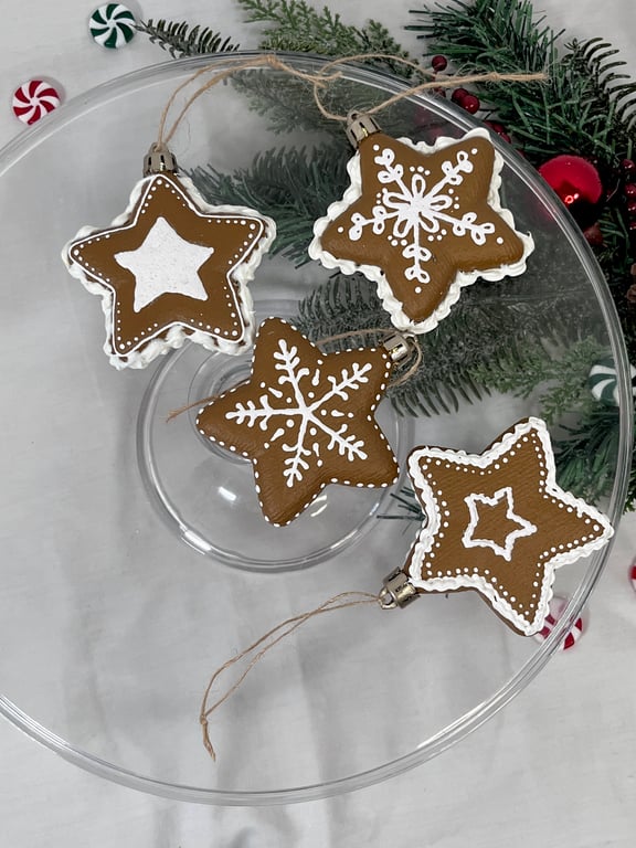 Christmas Tree Decorations Gingerbread Style Hand Painted Stars Handmade
