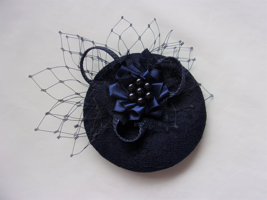 Navy Blue Lace Cocktail Percher Hat Fascinator with Pearls Mini Headpiece