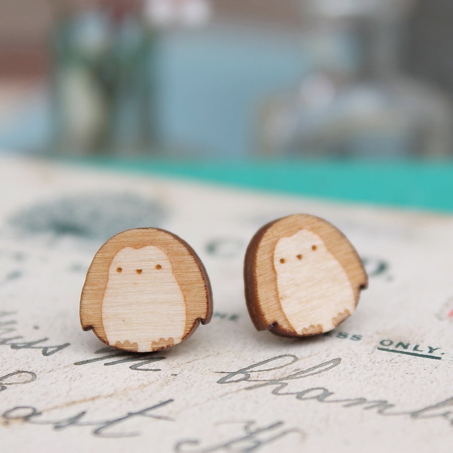 Wooden Penguin Stud Earrings