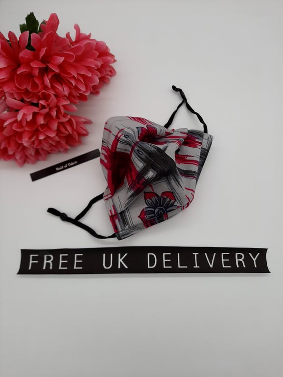 Face mask, small, 3 layer,  black adjustable elastic in pink and grey 