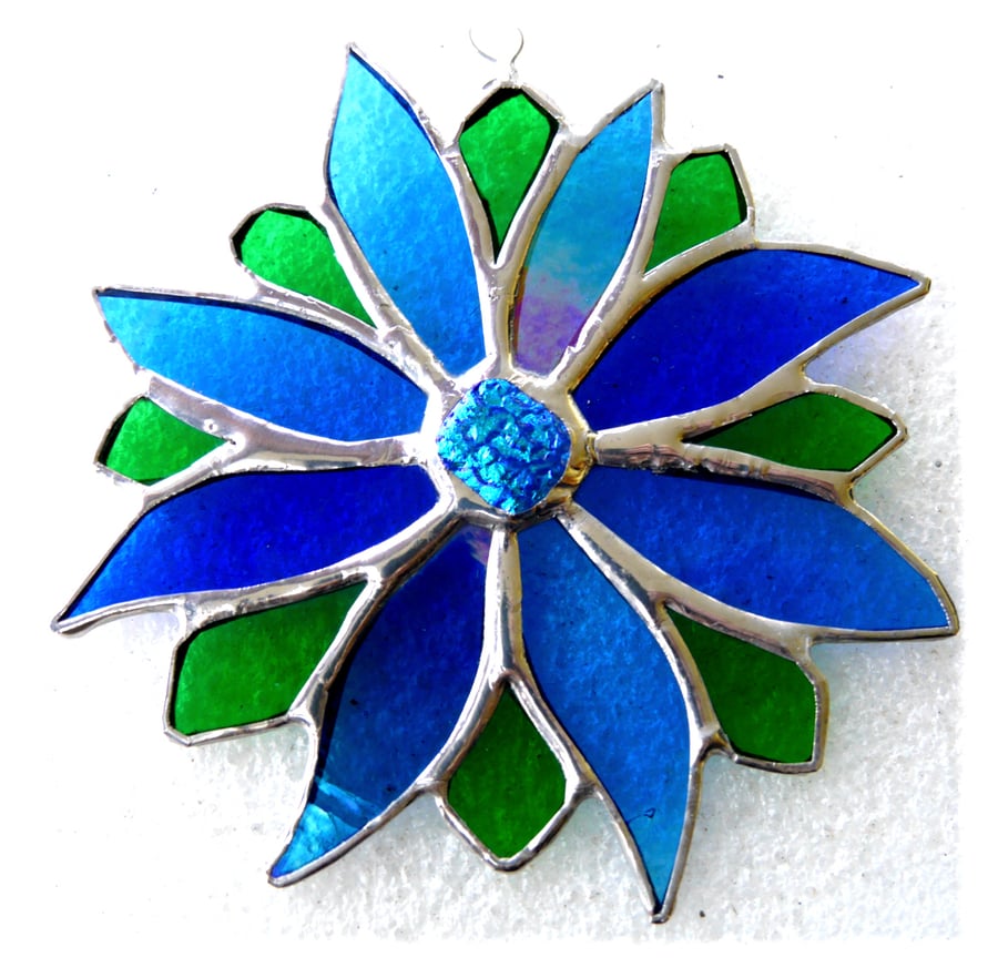 Blue Flower Stained Glass Suncatcher Green Bright