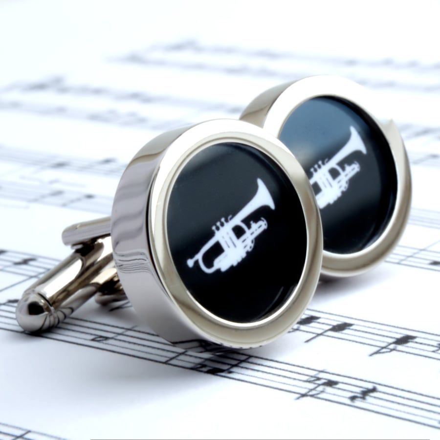 Trumpet Cufflinks in Black and White Silhouette Brass Band Cufflinks