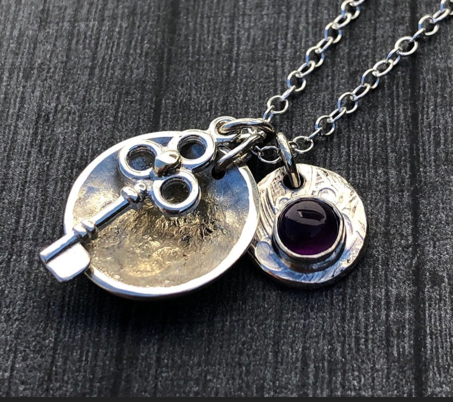 Amethyst Charm Necklace, amethyst necklace, key charm necklace, silver and gold,