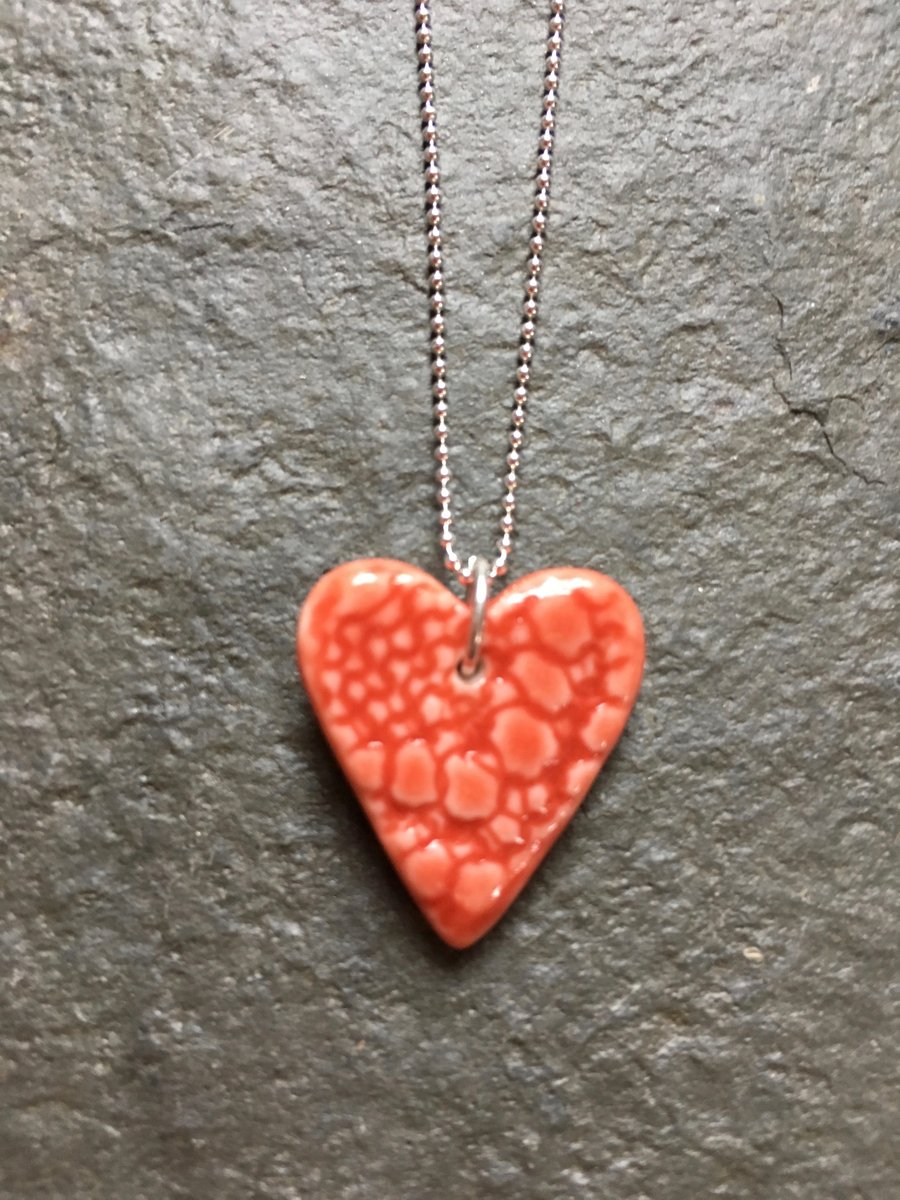 Love Heart, red glazed porcelain, sterling silver ball chain, The Jewellery Boat