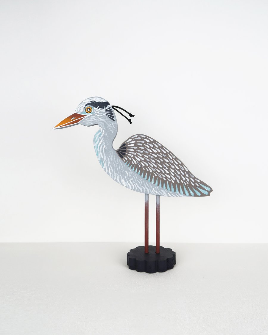 Grey heron ornament, hand painted wooden bird art, water bird decoration