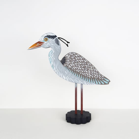 Grey heron ornament, hand painted wooden bird art, water bird decoration