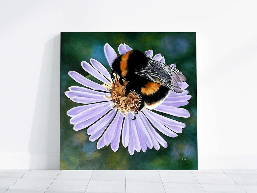 Original Bee on Aster Flower Acrylic on Box Canvas Wall Art Painting