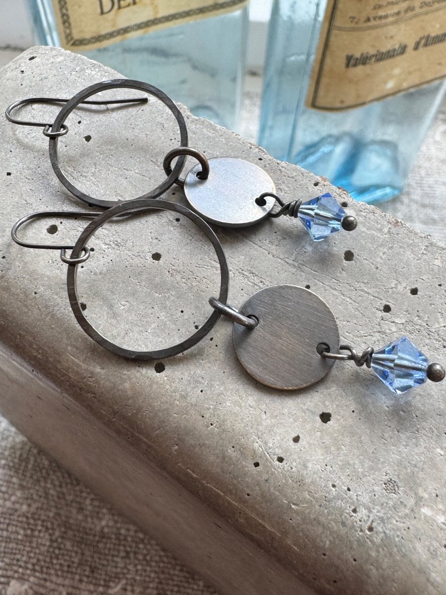 Vintage Dangle Earrings with Cornflower Blue Crystals Handmade Jewellery