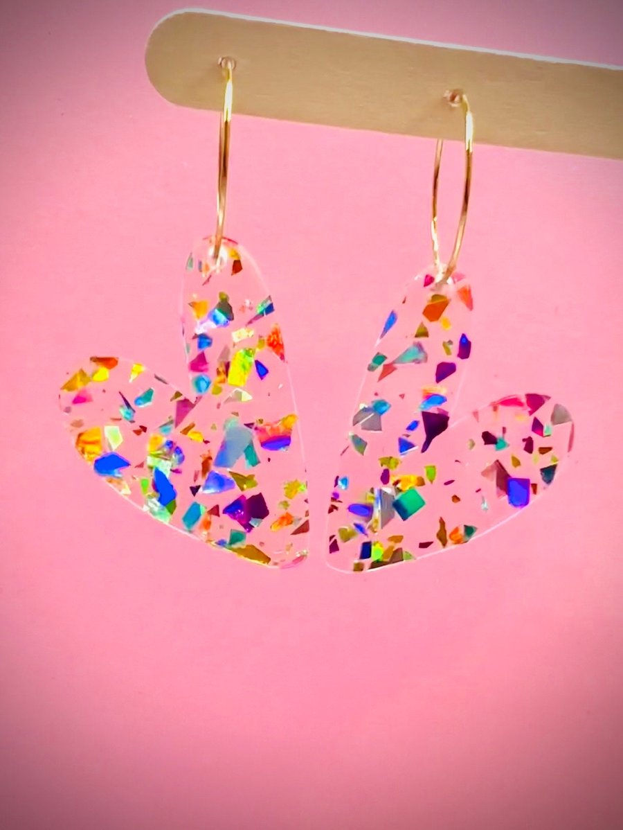 Acrylic disco shard heart hoop earrings, heart dangles, acrylic heart dangles, 