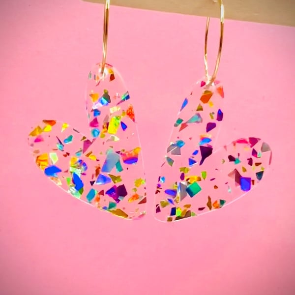 Acrylic disco shard heart hoop earrings, heart dangles, acrylic heart dangles, 