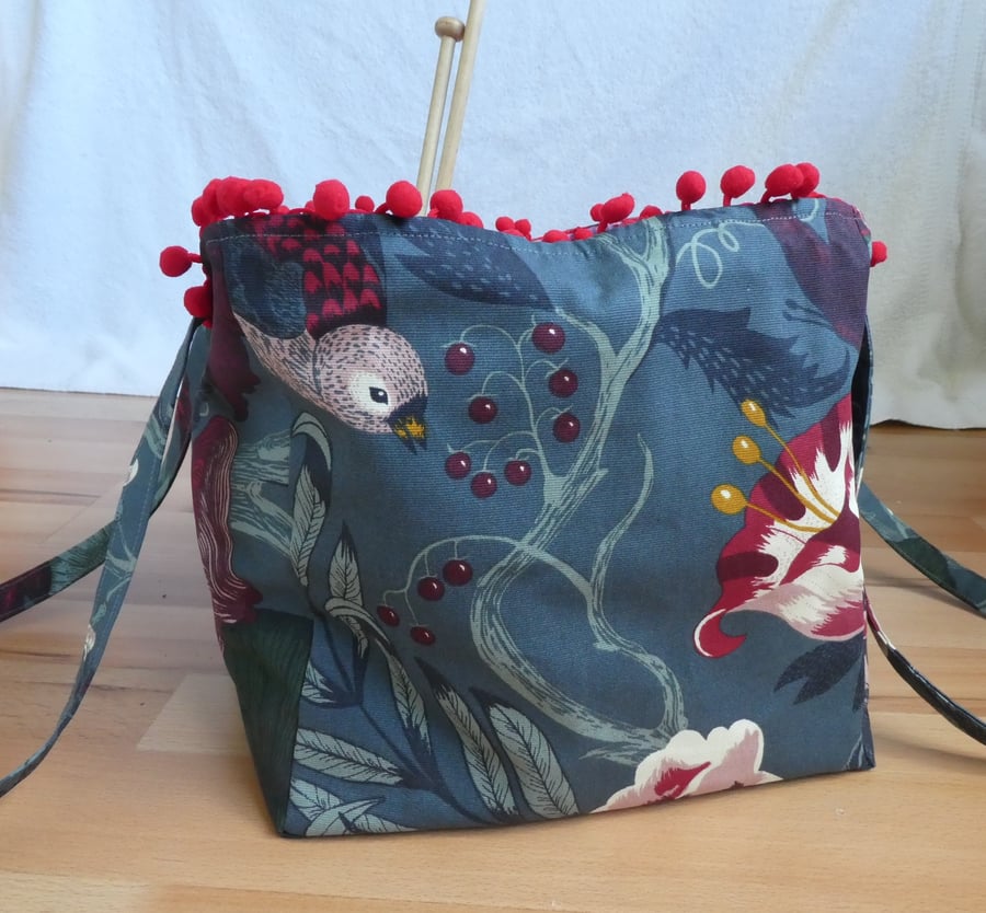  Project Bag with Pom Pom Trim. Grey Flowers Bag. Project Holdall