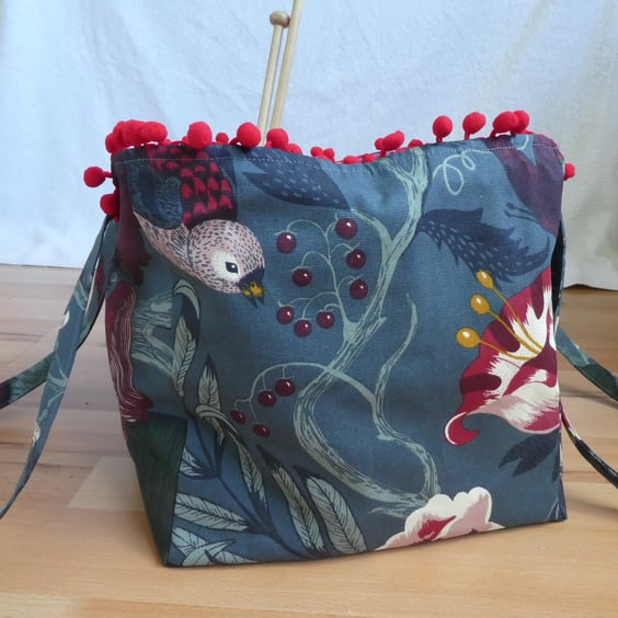  Project Bag with Pom Pom Trim. Grey Flowers Bag. Project Holdall