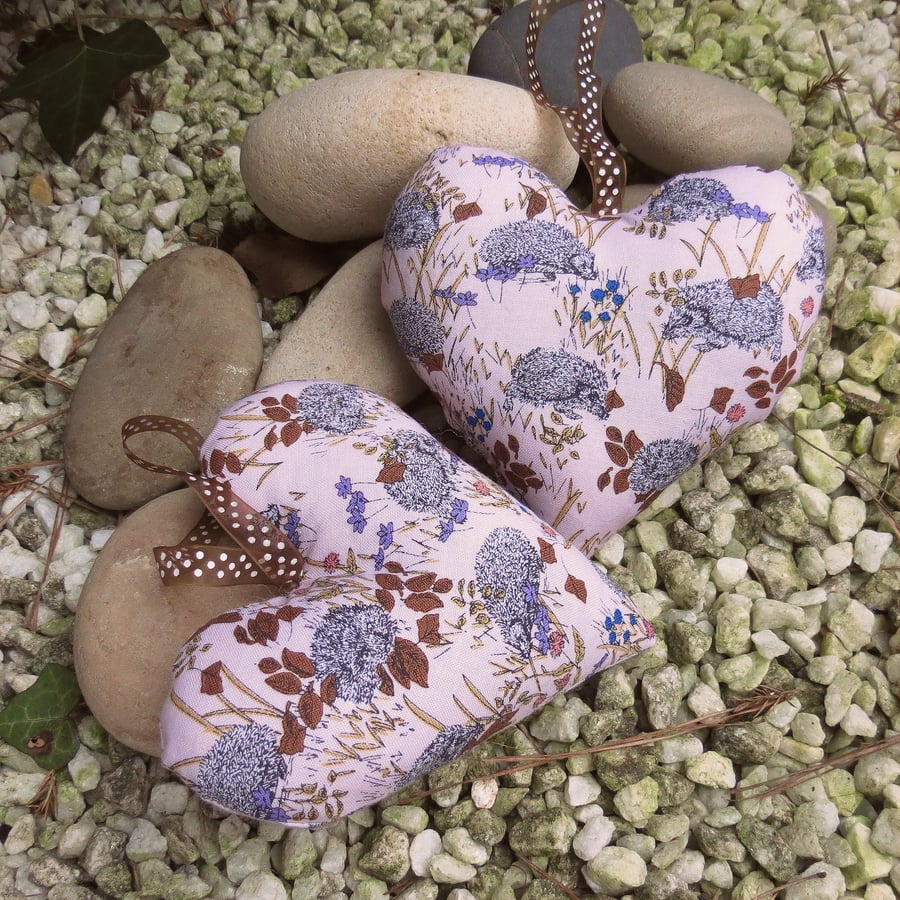 A pair of lavender filled hearts.  Hedgehogs.  Hanging decorations.