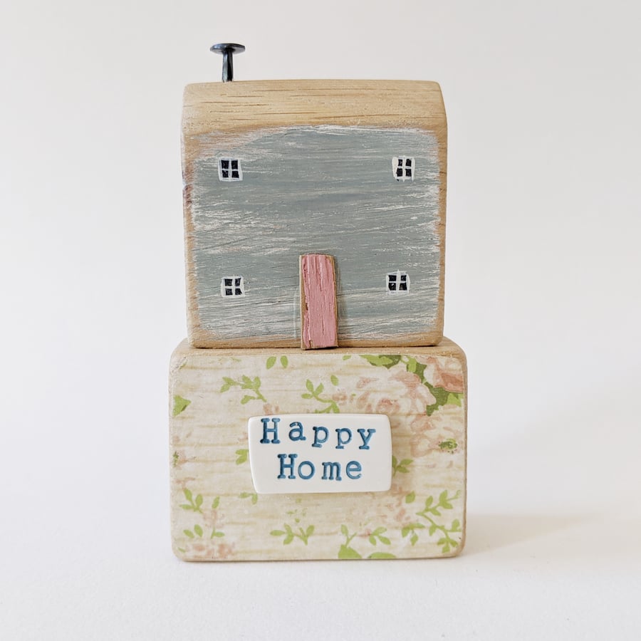 SALE - Painted Wooden House on floral block 'Happy Home'