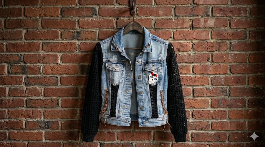 Image of Custom XS Zara Recycled Denim Jacket: Obsidian Crochet Sleeves 