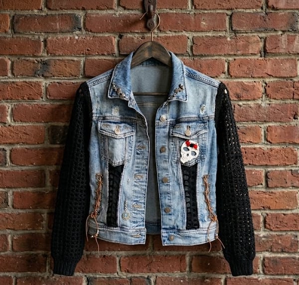 Custom XS Zara Recycled Denim Jacket: Obsidian Crochet Sleeves 