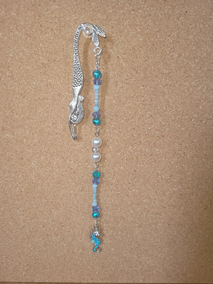 Beaded Metal Bookmark - Blue Seahorse