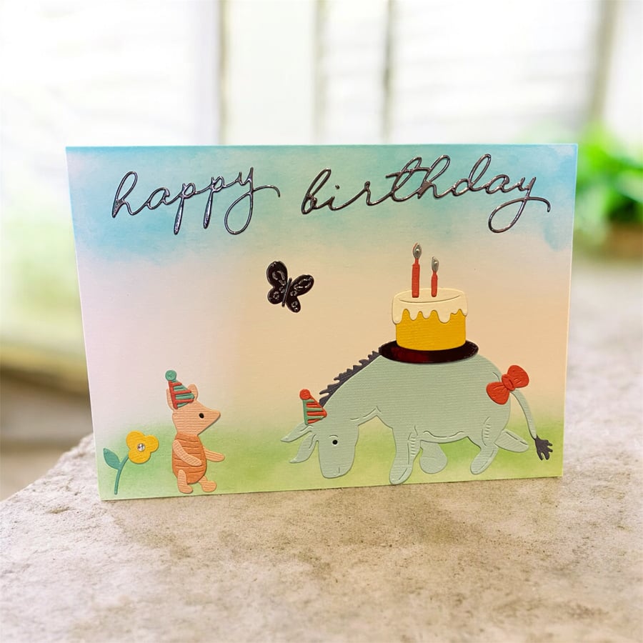 Handmade Birthday Card – Piglet & Eeyore Party Scene with Cake and Butterfly