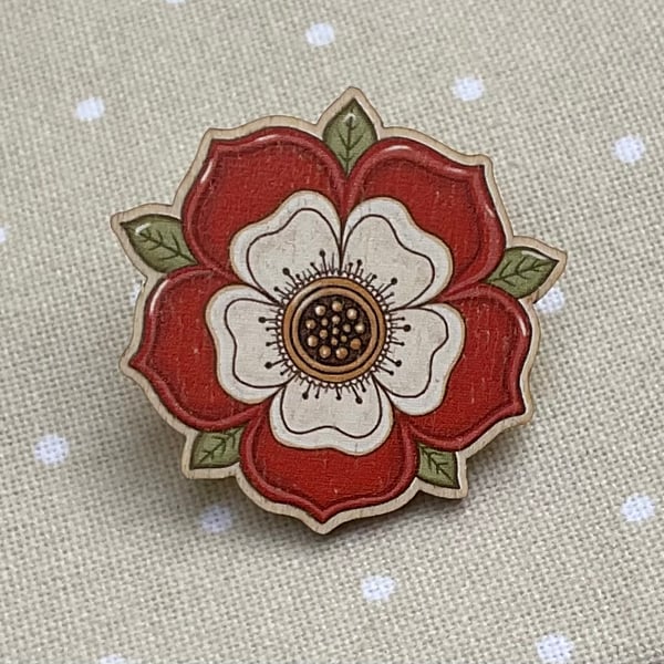 Tudor Rose Wooden Pin Badge - Historic England Inspired Floral Brooch - Handmade