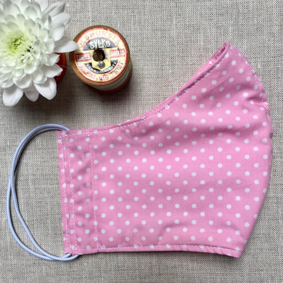 Reusable Pink Spotty Dots Cotton Face Mask with Nose Wire Womens