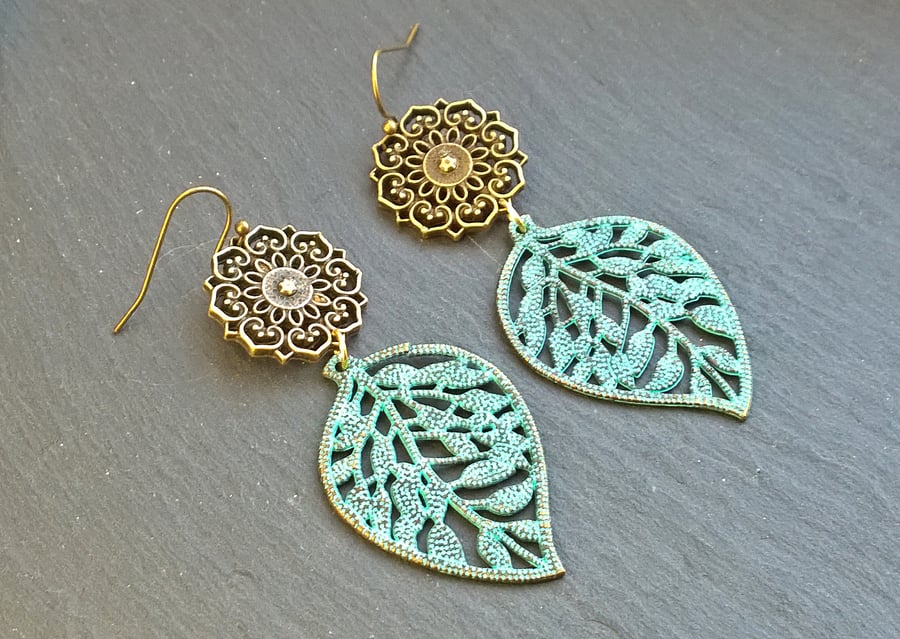 Verdigris Leaf Lotus Mandala Earrings, Large Drop Dangle Earrings