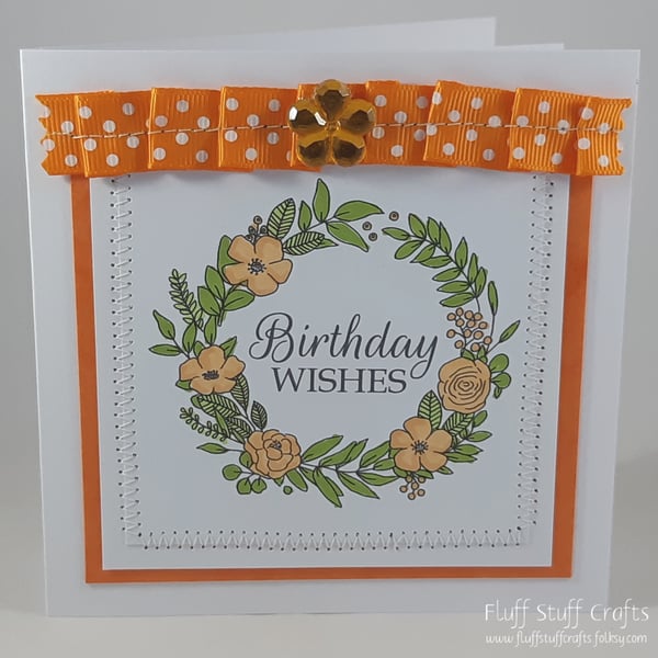 Handmade birthday card - orange floral wreath