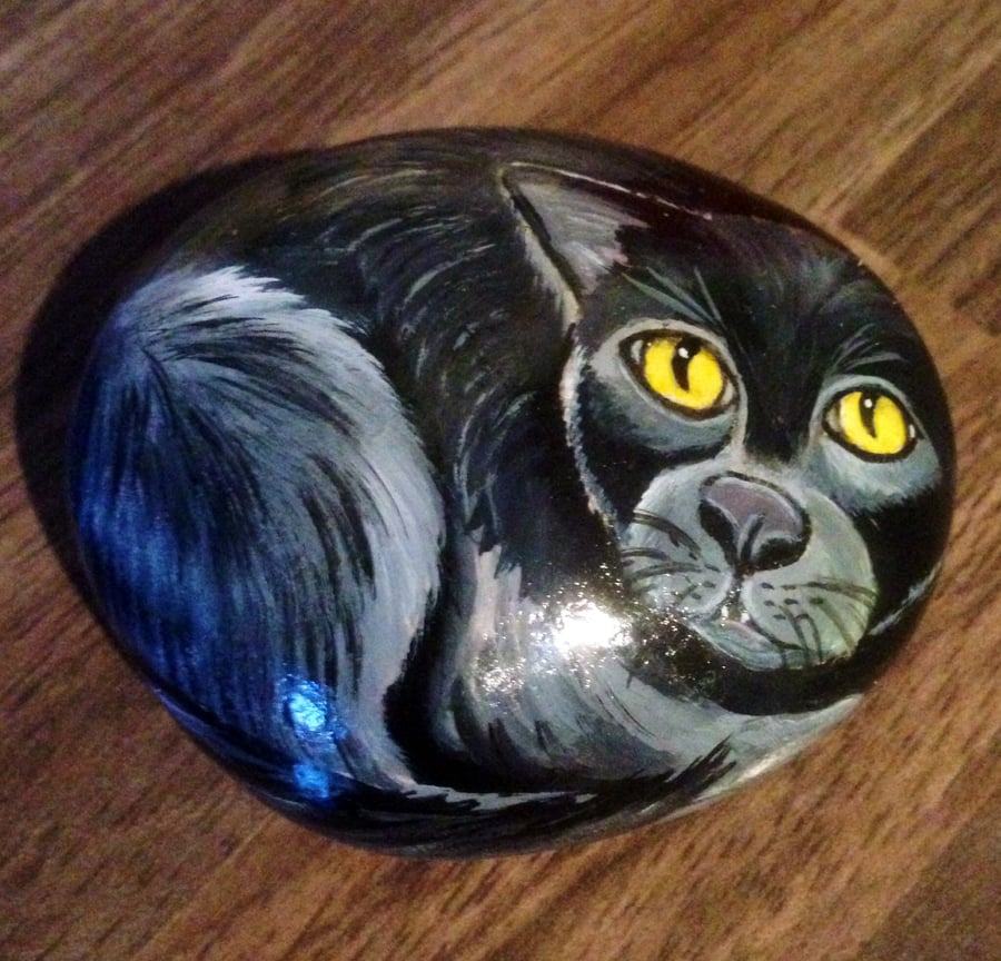 hand painted rock cat