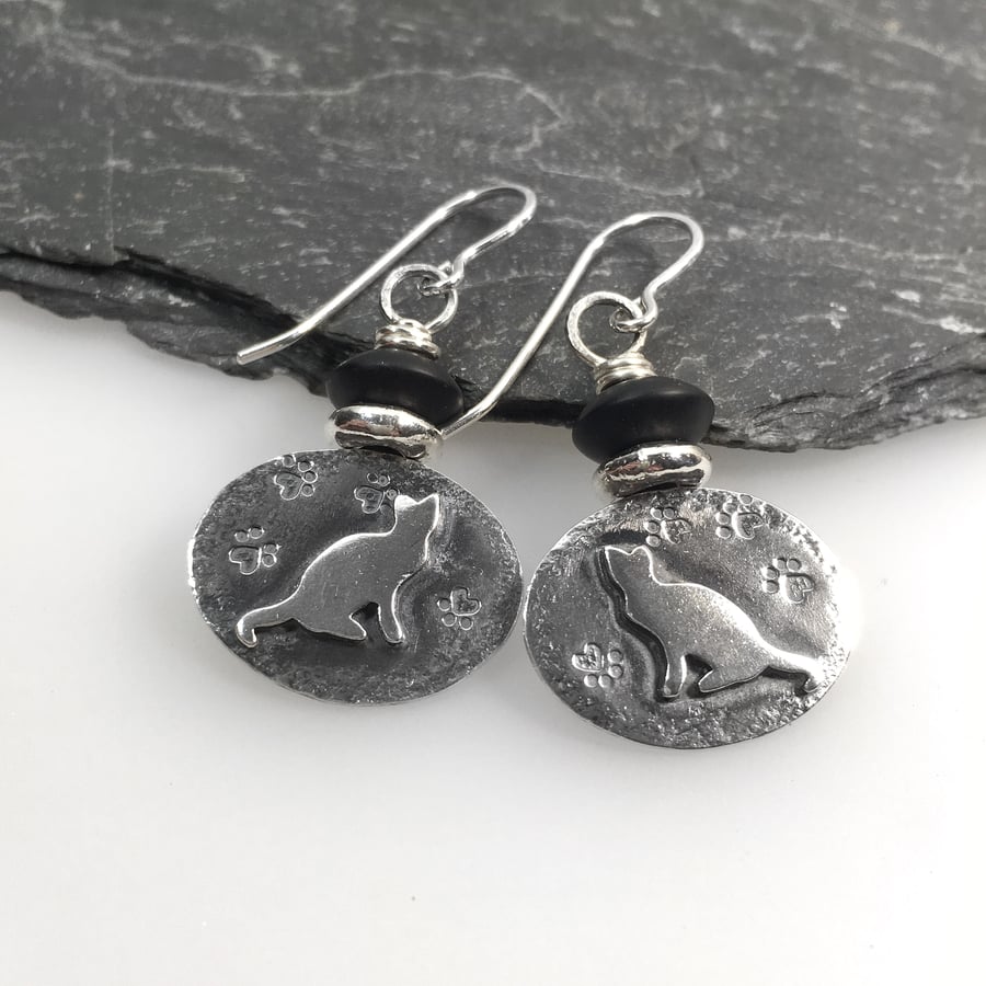 Sterling silver cat earrings, lucky black cat