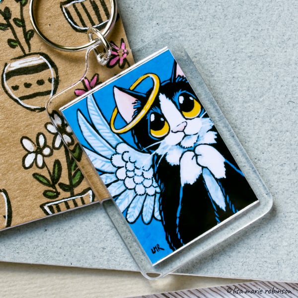 Black and White Angel Cat Pray Halo Keyring - Large