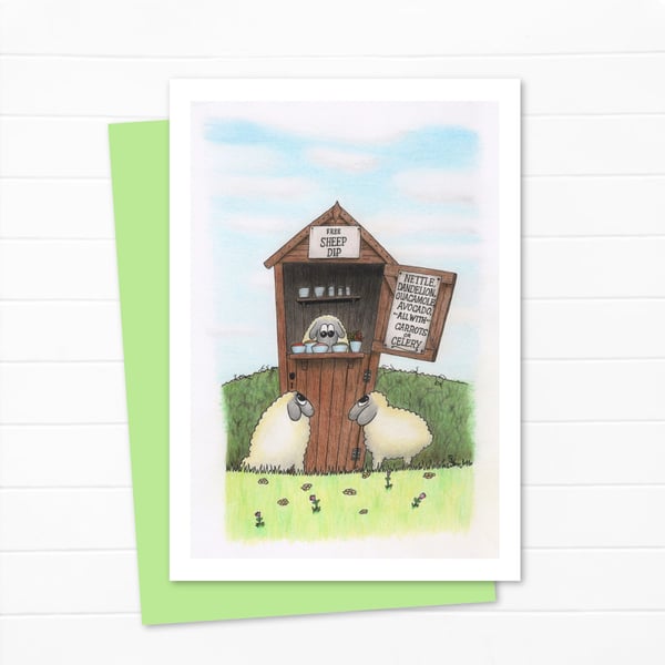 Sheep Dip Greeting Card: Cute and Funny Pencil Illustration (216)