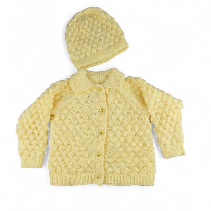 Lemon baby cardigan and hat knitted in bubble stitch pattern to fit 0 - 9 months