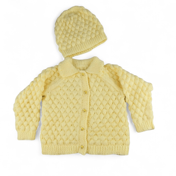 Lemon baby cardigan and hat knitted in bubble stitch pattern to fit 0 - 9 months