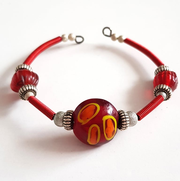 Red and Orange Beaded Open Cuff Memory Wire Bracelet with Focal Bead