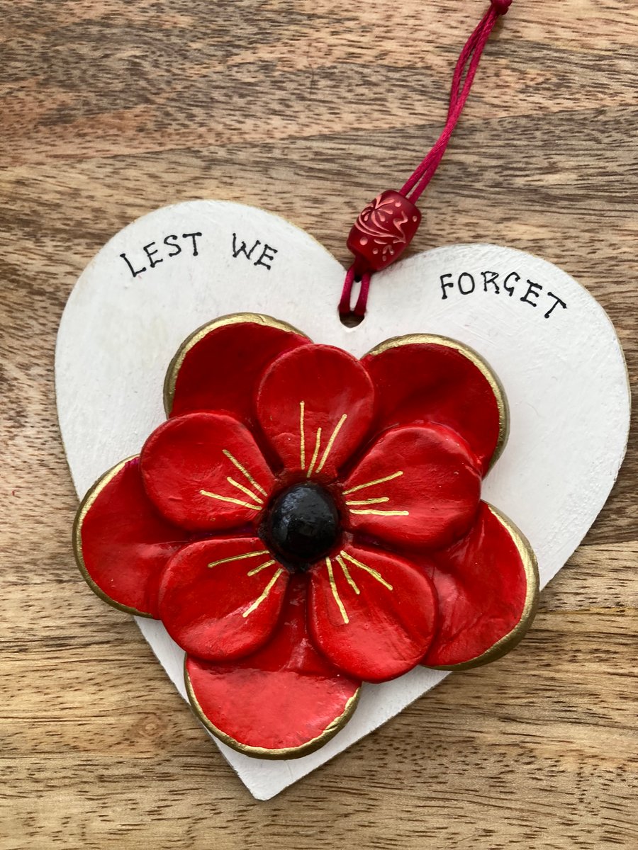 Rememberance Poppy Heart Shaped Hanging Decoration Lest We Forget Handcrafted