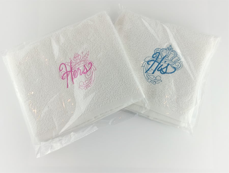 Hand towels - His and Hers embroidered with a crown on white towels