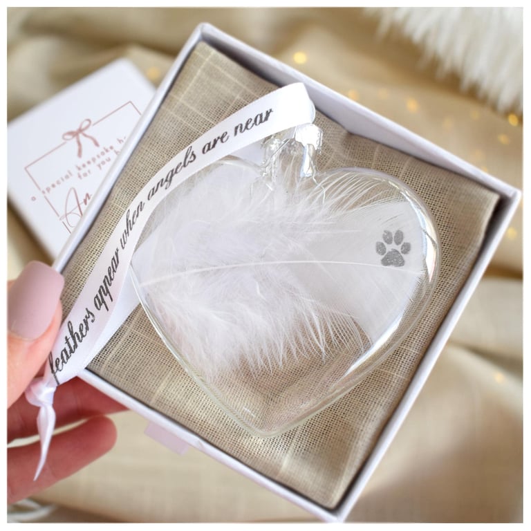 Pet Memorial Feather Bauble, Paw Print Heart Glass Christmas Ornament, Pet Remem